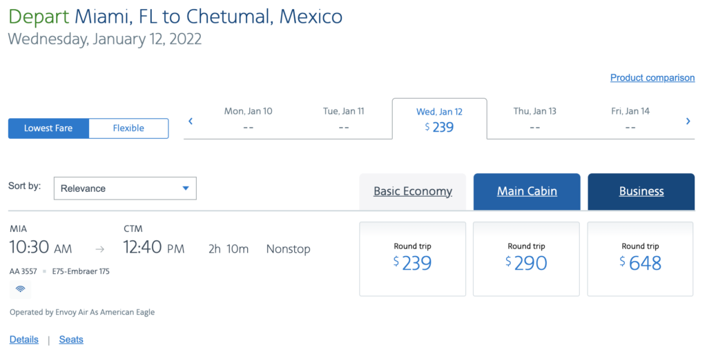 American Airlines flight Miami to Chetumal